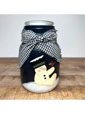 Hand-Painted Snowman Mason Jar Candle With Gingham Bow - Winter Decor